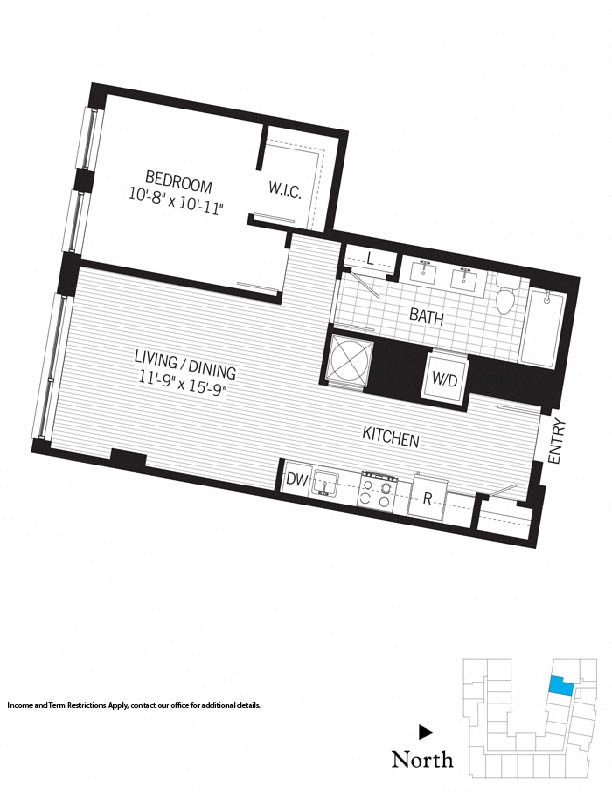 Floor plan for 1 bed, 1 bath, 704 sqft